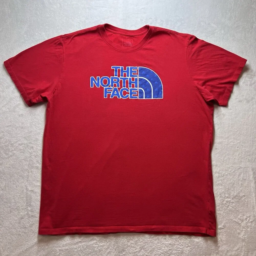 The North Face Logo T Shirt Red White Blue Stars USA America July 4th Mens XXL
